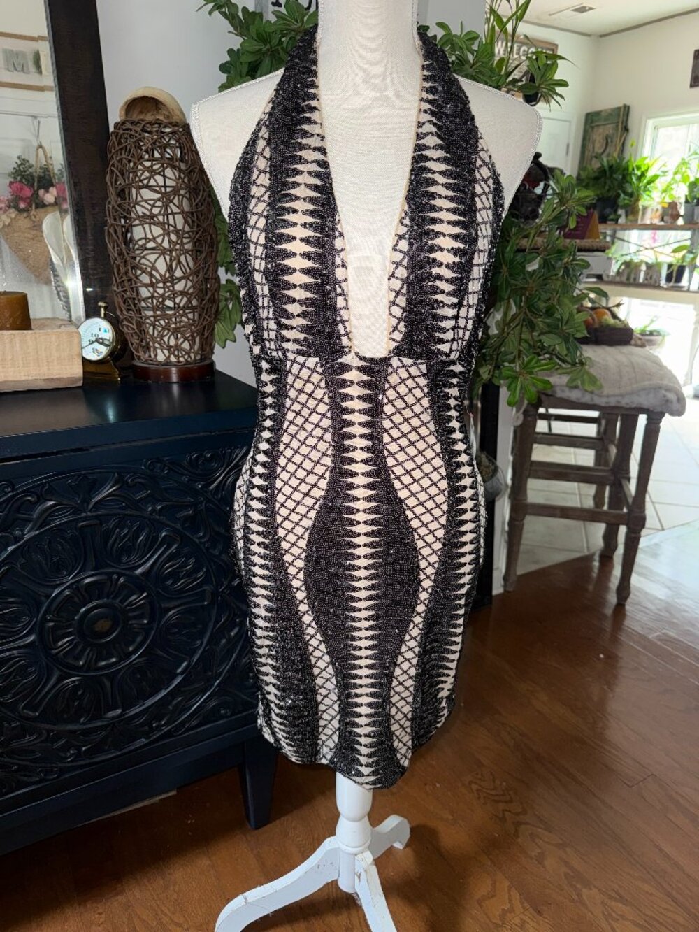 Ladies Black Sequin and Nude Dress